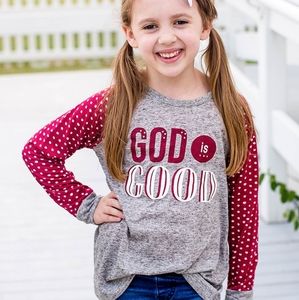 God is Good on Grey Longsleeve with Polka Dot Slee